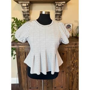 Maeve Top 1X Top White Black Stripe Puff Sleeve Pleated Peplum Stretch Fit Waist
